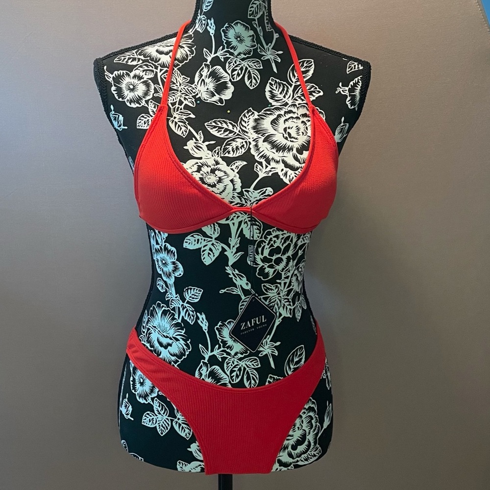Red Zaful ribbed high leg strappy bikini
